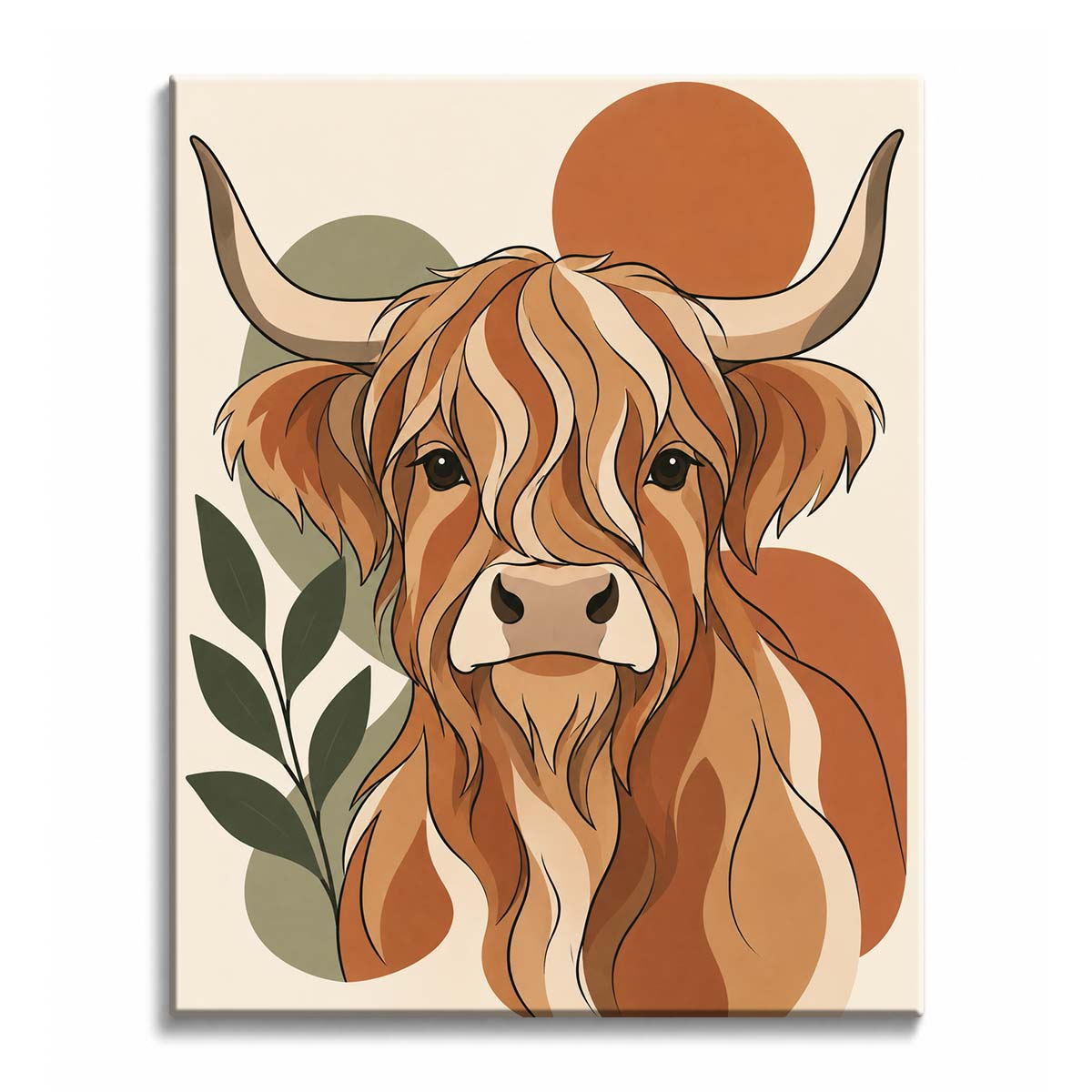 A highland cow paint by numbers design showing sweeping horns, rust-colored hair, and olive botanical forms behind the portrait.