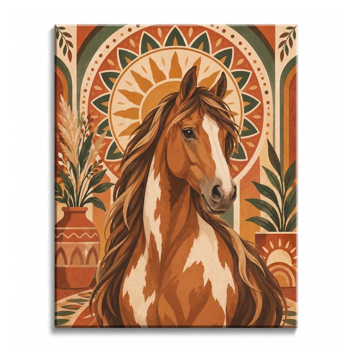 Warm terracotta arches and sage foliage surround a chestnut-and-white horse beneath a sun medallion in a boho horse paint by numbers design.