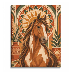 Warm terracotta arches and sage foliage surround a chestnut-and-white horse beneath a sun medallion in a boho horse paint by numbers design.