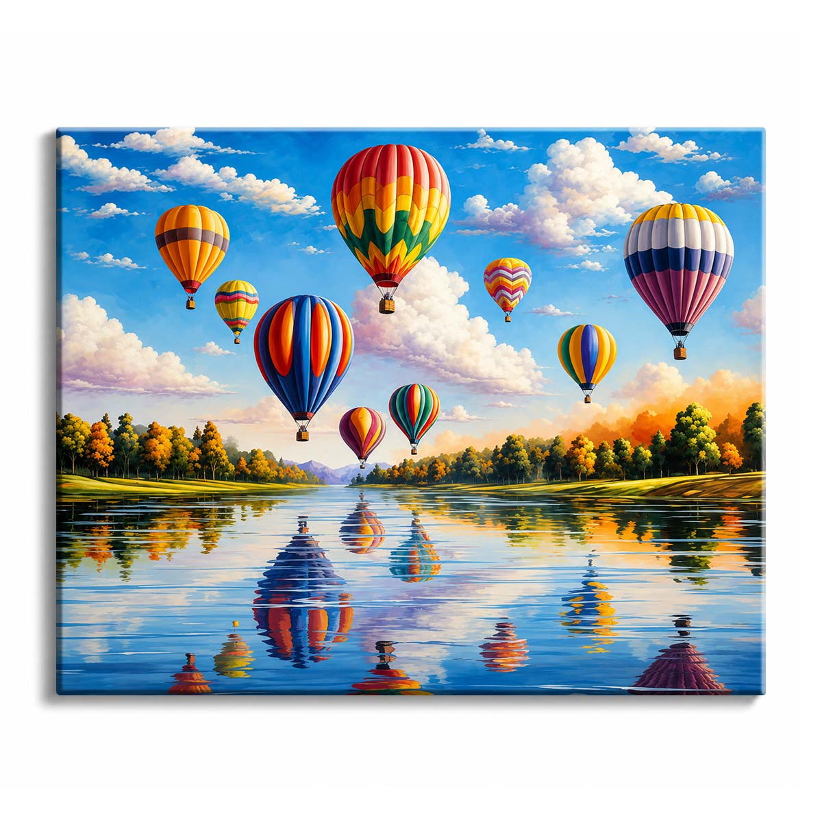 Nine hot air balloons drift above a tree-lined river under piled white clouds, their shapes mirrored in the rippling water below.