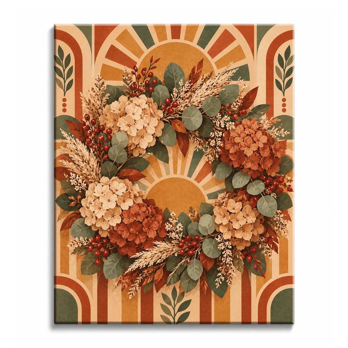 A hydrangea wreath paint by numbers design showing cream and terracotta blooms, red berries, round green leaves, and a geometric arch backdrop.