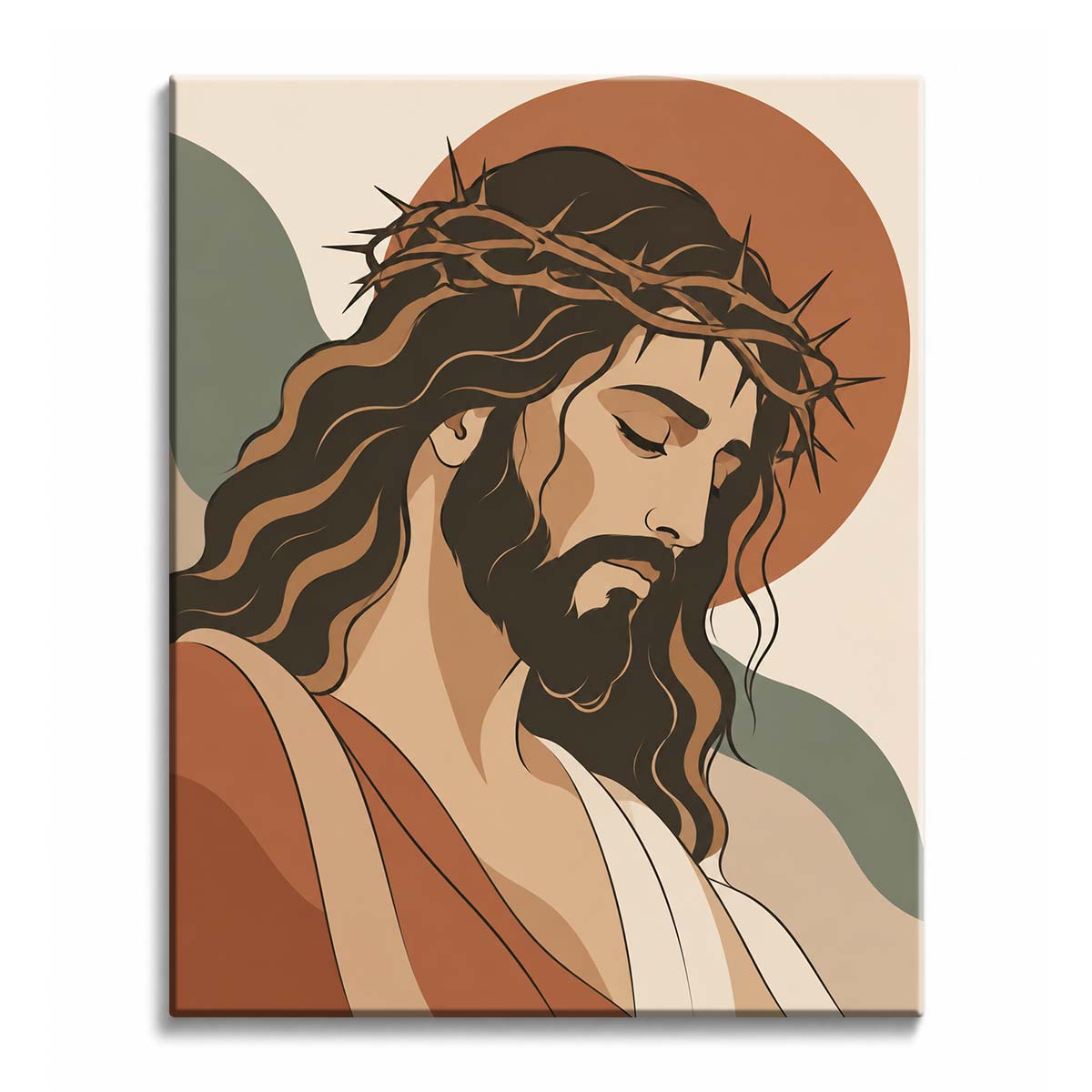 Against a terracotta halo with sage curves behind, a paint by numbers design of Jesus in a crown of thorns, head bowed and eyes closed, with a full beard and long wavy hair.