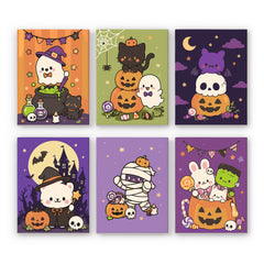 Rosy-cheeked ghosts, kittens, a mummy, and candy pumpkins fill six kawaii Halloween designs, in a cute paint by numbers mini set.