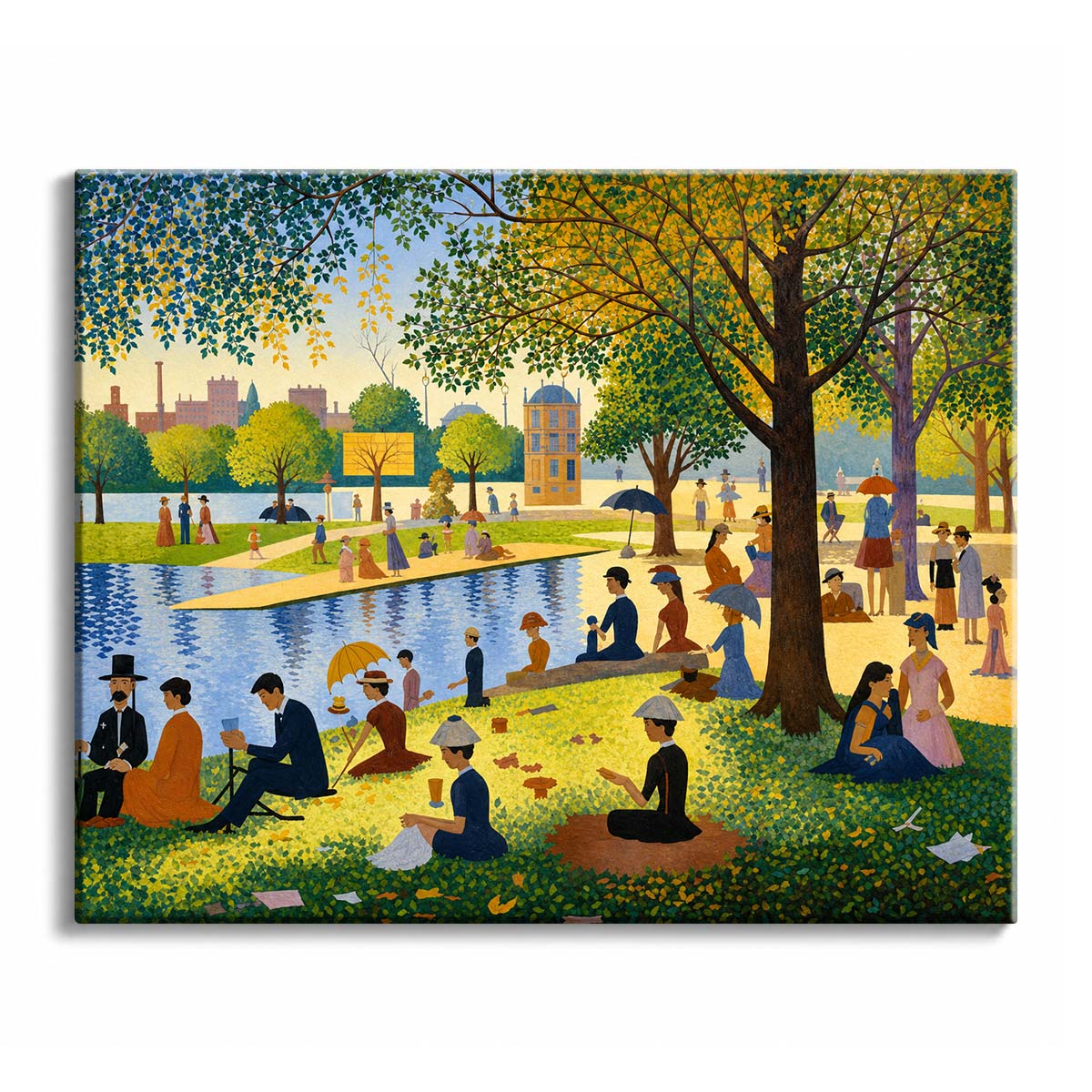 People relax beside the water beneath leafy trees in Georges Seurat's La Grande Jatte, recreated as a paint by numbers design.