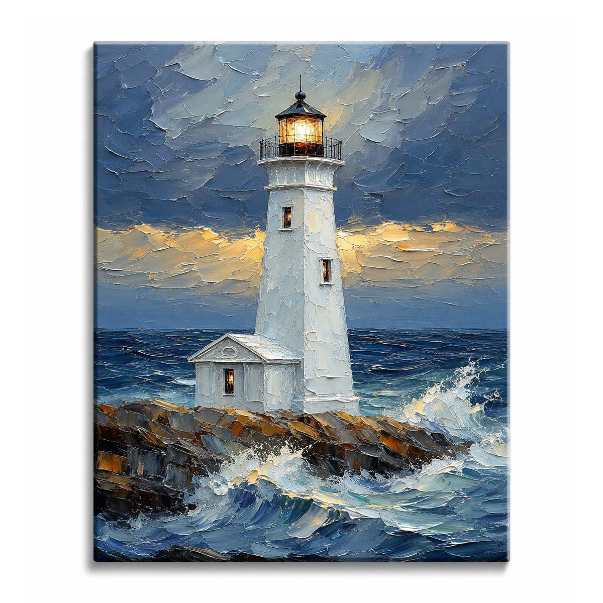 A white lighthouse with a lit lamp stands on a rock above breaking waves under a stormy blue sky, in a paint by numbers design.