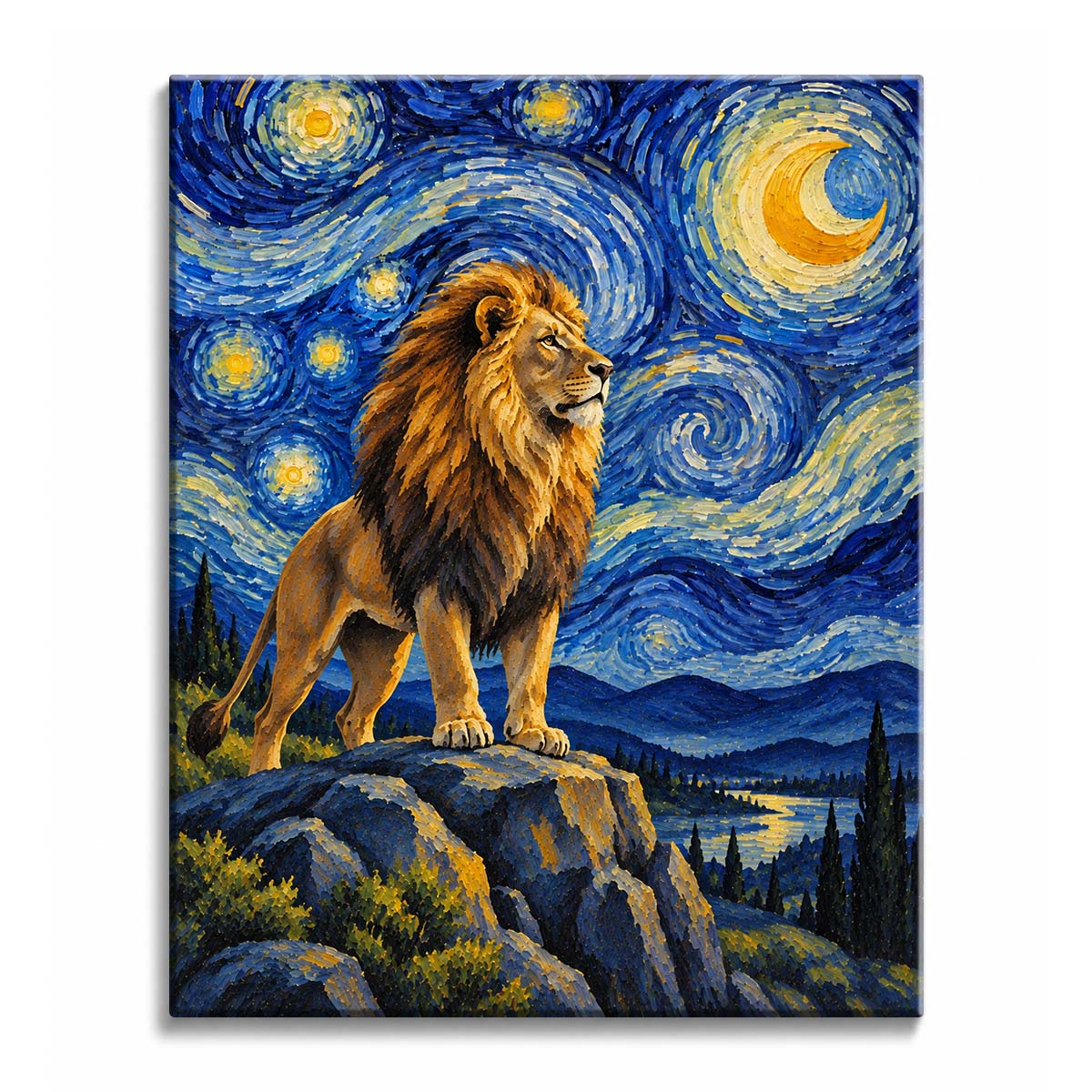 A Van Gogh style lion paint by numbers design showing a golden-maned lion on blue rocks beneath a crescent moon and swirling blue-and-gold sky above dark cypress trees.