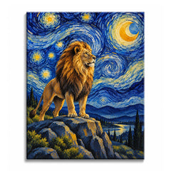A Van Gogh style lion paint by numbers design showing a golden-maned lion on blue rocks beneath a crescent moon and swirling blue-and-gold sky above dark cypress trees.