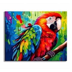 Two rows of green and blue wing feathers frame a scarlet macaw on a branch, set against a splattered background, in a paint by numbers design.