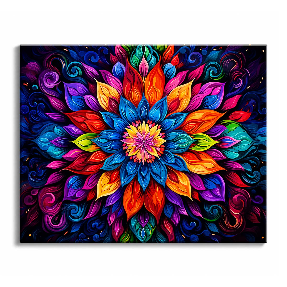 A mandala paint by numbers design showing rings of shaded petals in red, orange, blue and purple radiating from a yellow center on a black background.