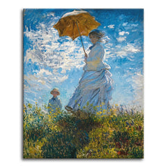A paint by numbers version of Monet's Woman with a Parasol, showing Camille Monet in a windblown white dress with a green parasol against a blue sky, her son in the grass behind.