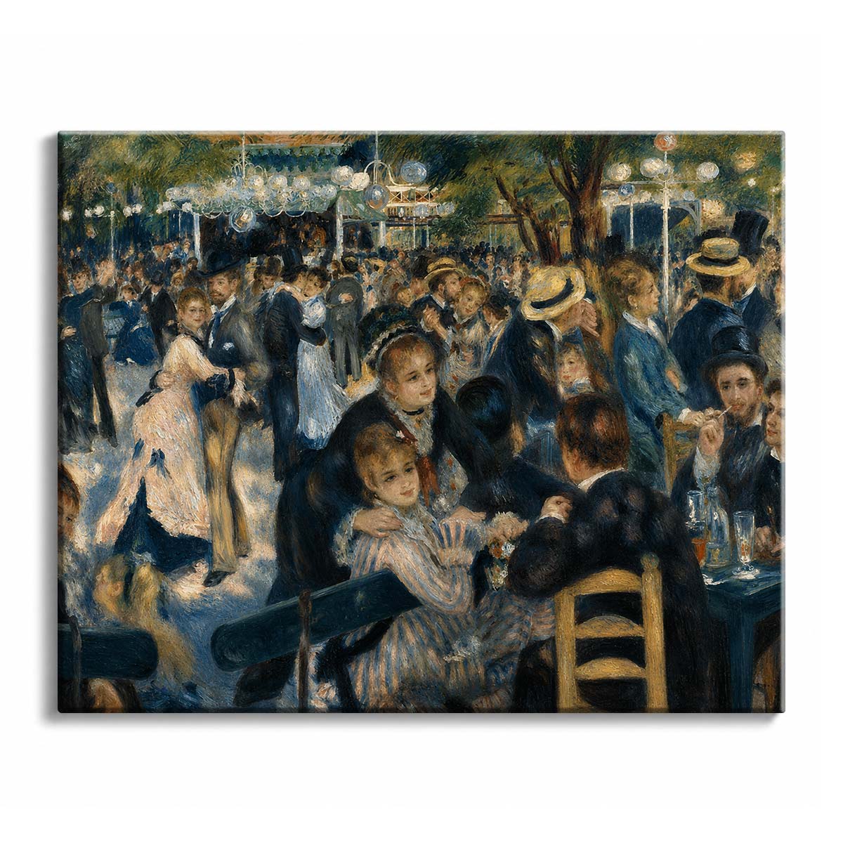 Dancers and seated guests in a Paris garden under strings of glass lamps, in a paint by numbers design.