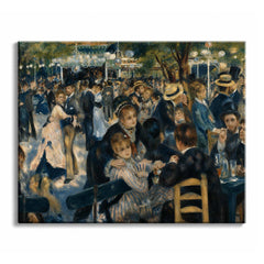 Dancers and seated guests in a Paris garden under strings of glass lamps, in a paint by numbers design.