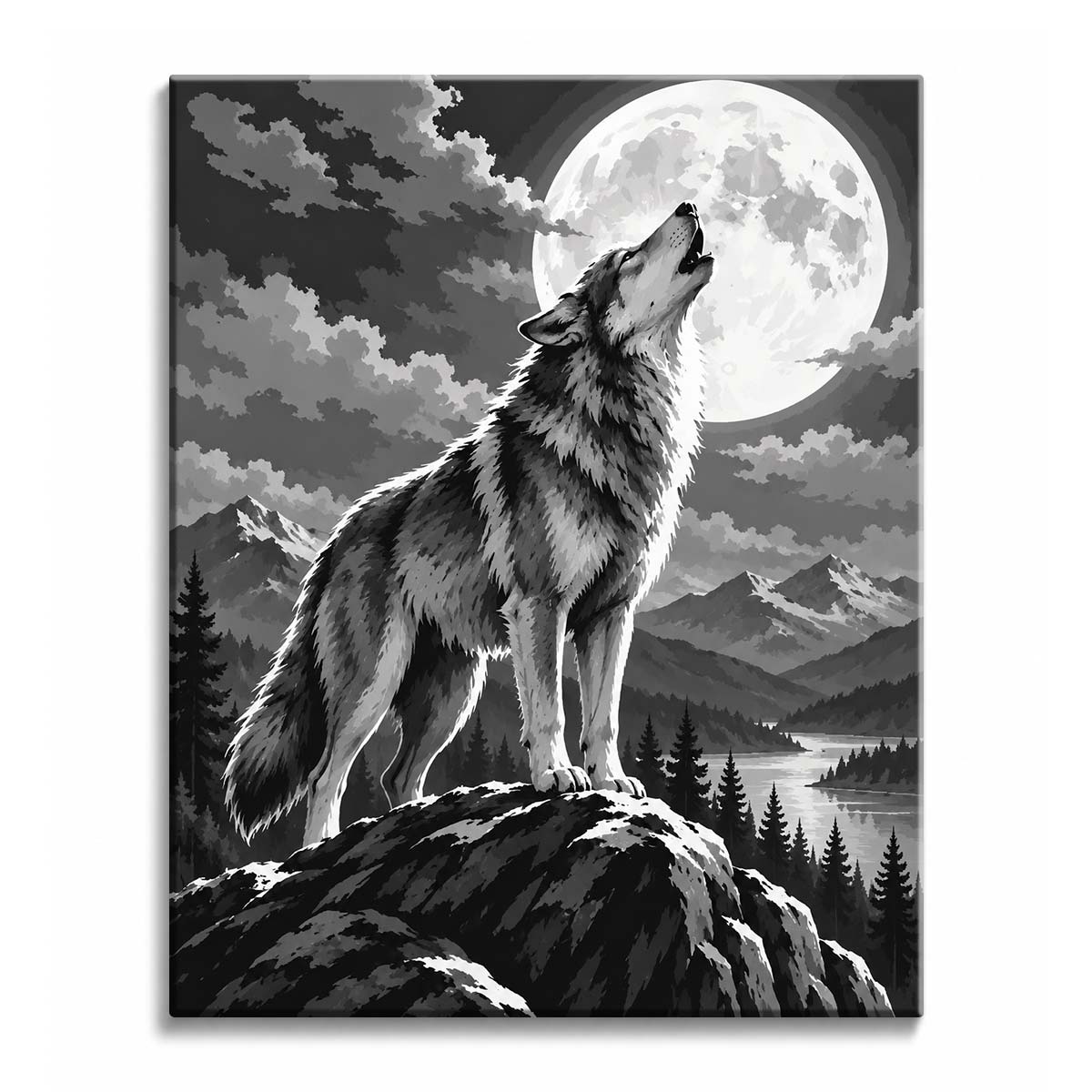 A black and white wolf paint by numbers design showing a wolf howling on a rocky summit beneath a full moon, with snowy peaks, pines, and a lake behind.
