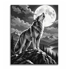 A black and white wolf paint by numbers design showing a wolf howling on a rocky summit beneath a full moon, with snowy peaks, pines, and a lake behind.