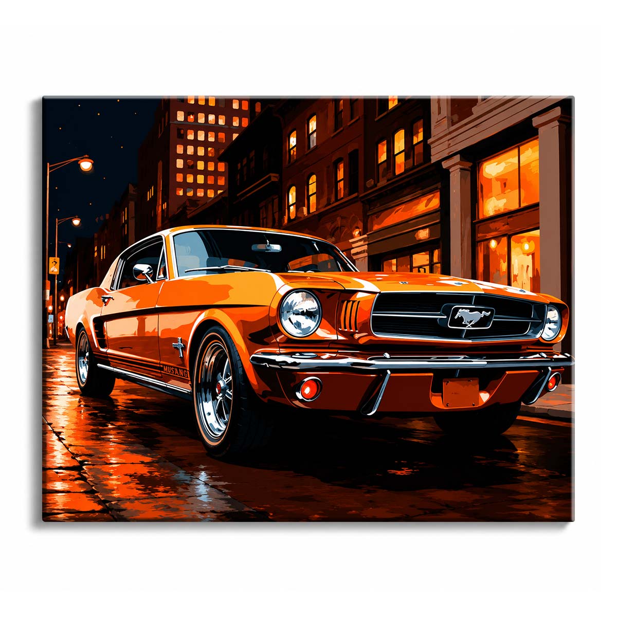 An orange classic muscle car parked on a wet city street at night, in a graphic paint by numbers design.
