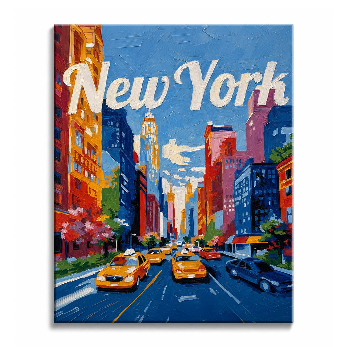 Yellow taxis drive down a New York avenue between colorful towers under painted script lettering, in a paint by numbers design.