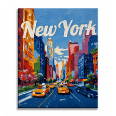 Yellow taxis drive down a New York avenue between colorful towers under painted script lettering, in a paint by numbers design.