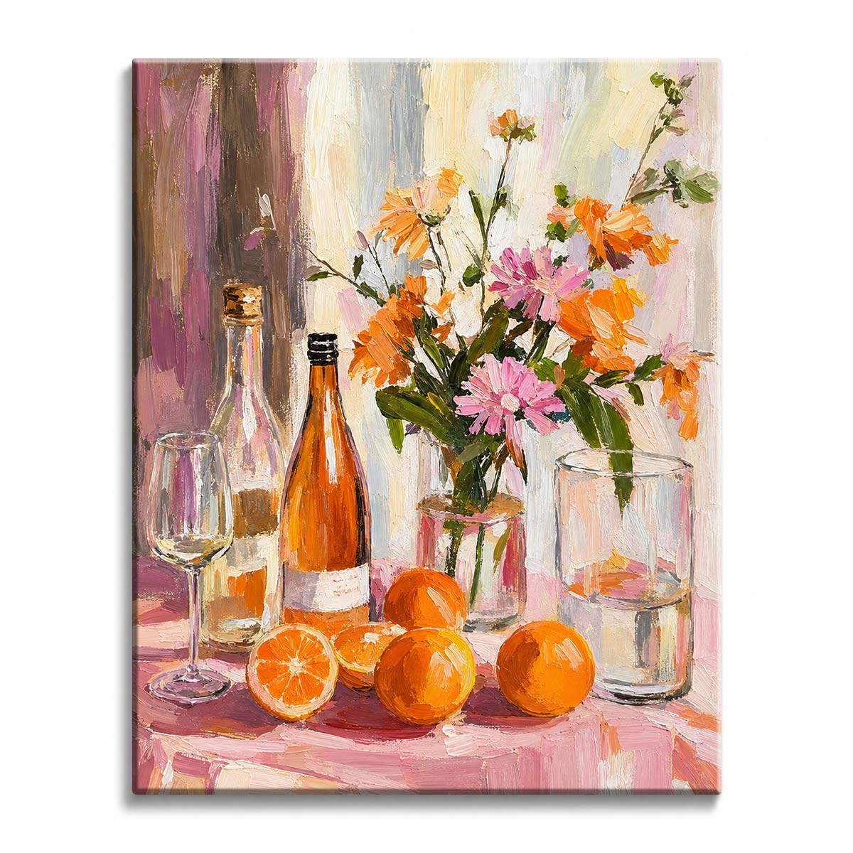 An oranges and wine paint by numbers design showing bottles, a glass, flowers and cut oranges on a pink cloth.