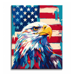 A patriotic bald eagle paint by numbers design showing a sharp-eyed eagle portrait over stars and distressed flag stripes.
