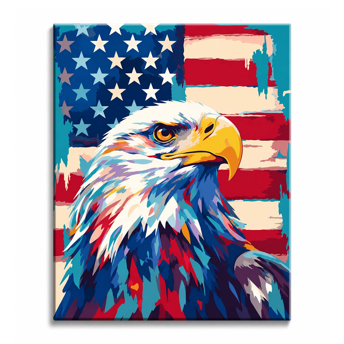 A patriotic bald eagle paint by numbers design showing a sharp-eyed eagle portrait over stars and distressed flag stripes.
