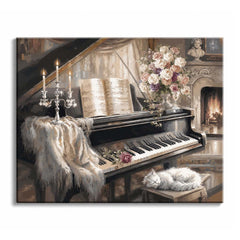 A black piano with sheet music, roses, candles, and a sleeping white cat beside a softly glowing fireplace in a vintage interior.