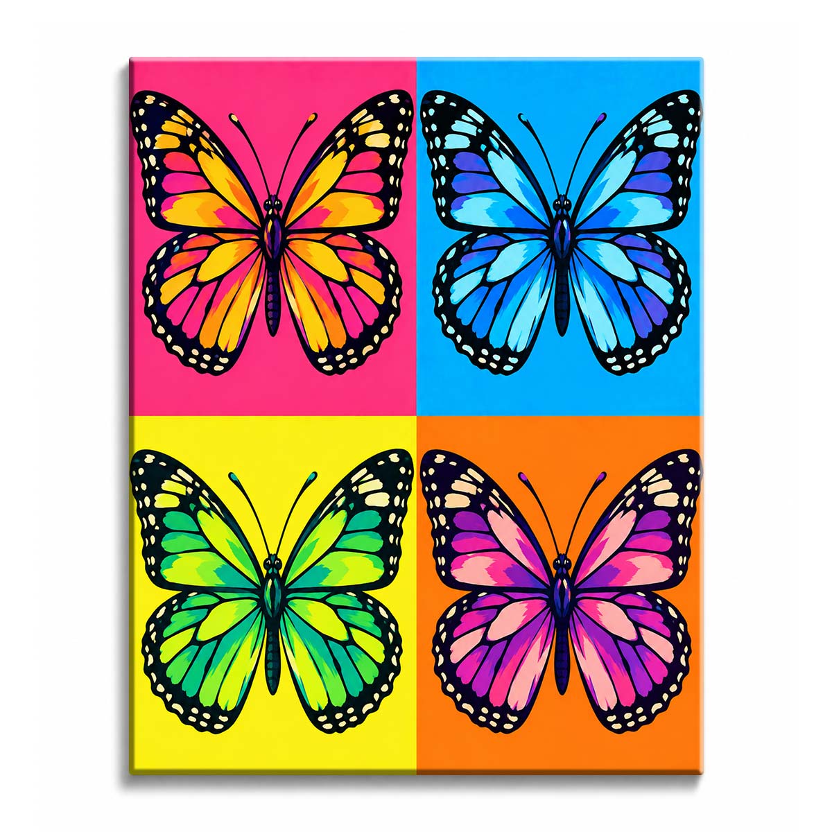 Across a poster-style color grid, a pop art butterfly paint by numbers design repeats black-edged wings over pink, blue, yellow, and orange grounds.