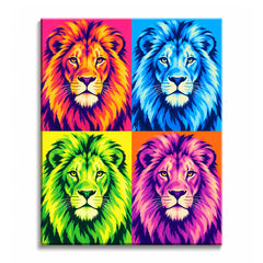 A pop art lion paint by numbers design showing the same frontal portrait repeated in pink, blue, green, and orange palettes with a broad mane.