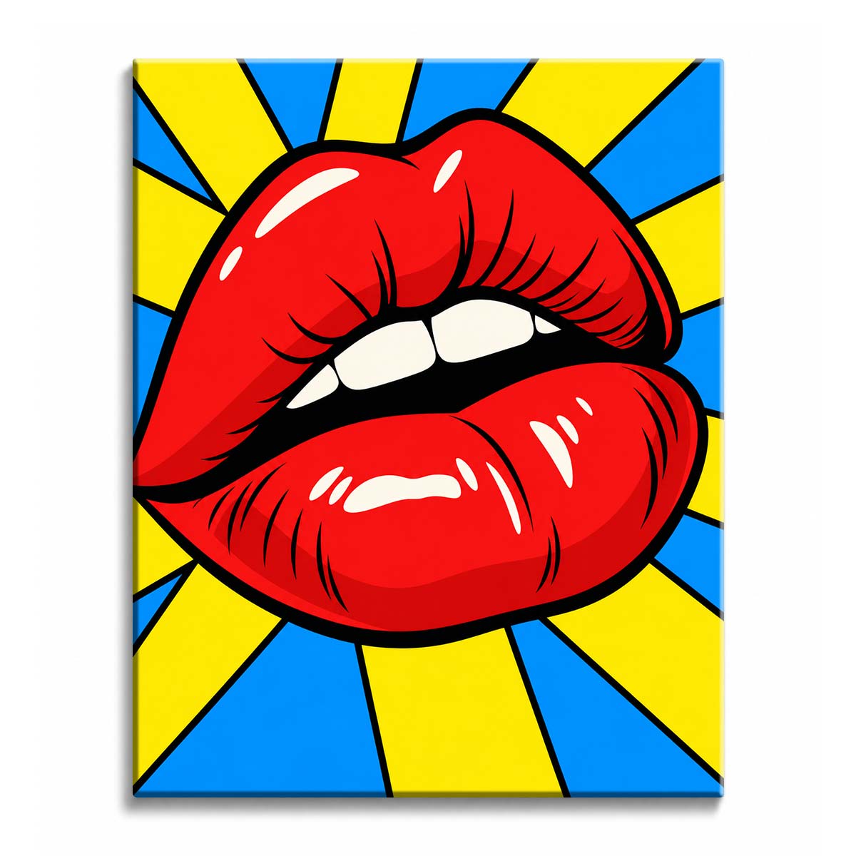 Red pop art lips fill a paint by numbers design, with white teeth and highlights centered over blue and yellow radiating comic rays.