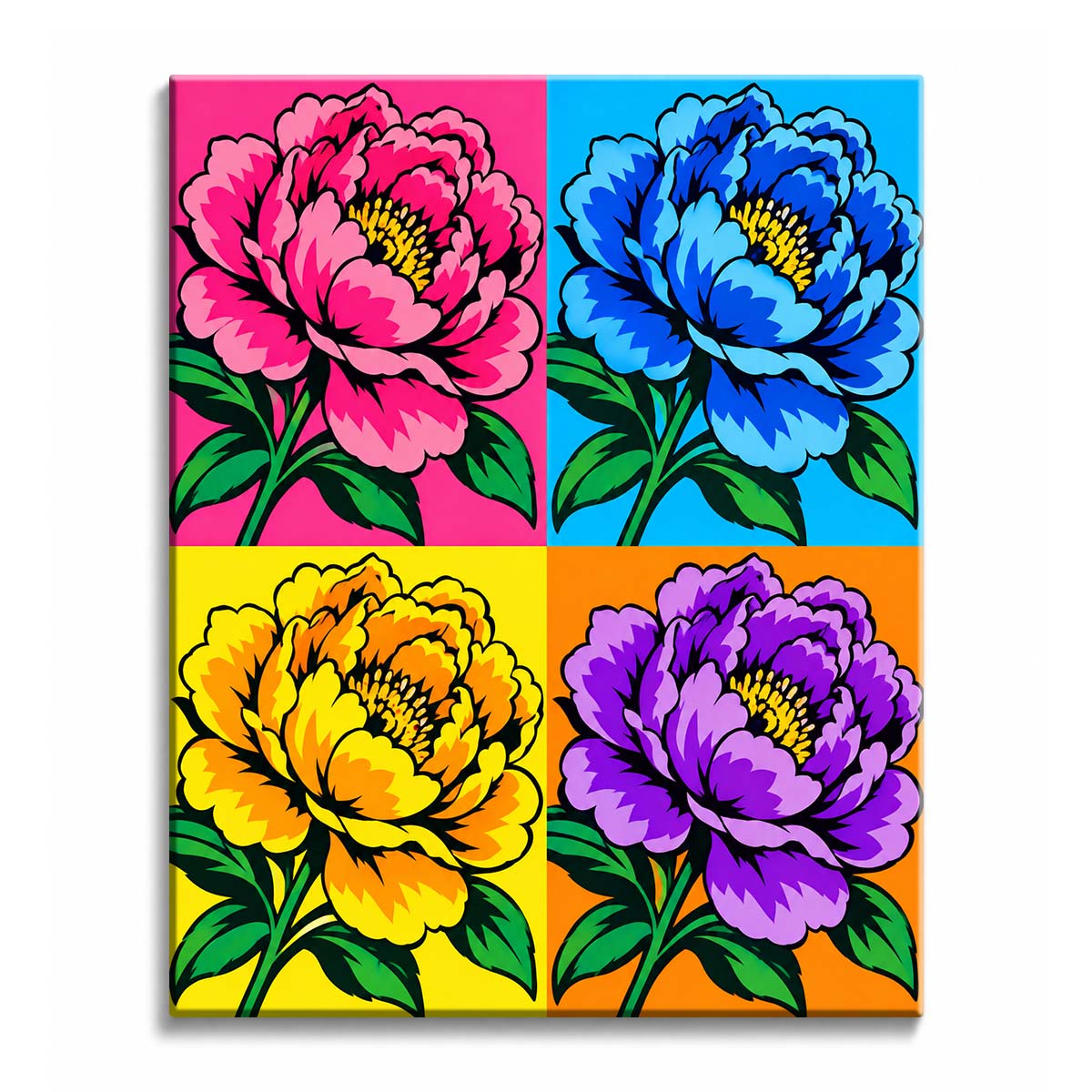 Across pink, blue, yellow, and orange panels, a pop art peony paint by numbers design repeats a ruffled bloom above dark green leaves.