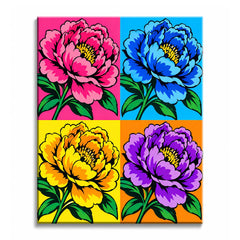 Across pink, blue, yellow, and orange panels, a pop art peony paint by numbers design repeats a ruffled bloom above dark green leaves.
