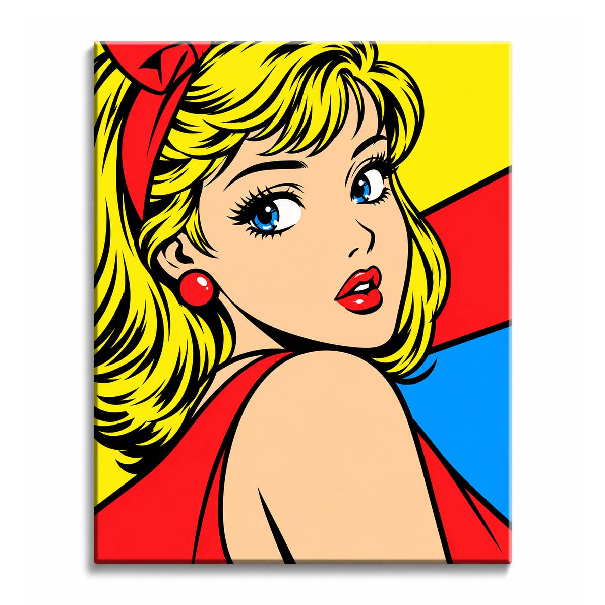 A blonde pop art woman turns over her shoulder with blue eyes, red lips, and yellow hair against graphic color blocks in a paint by numbers design.