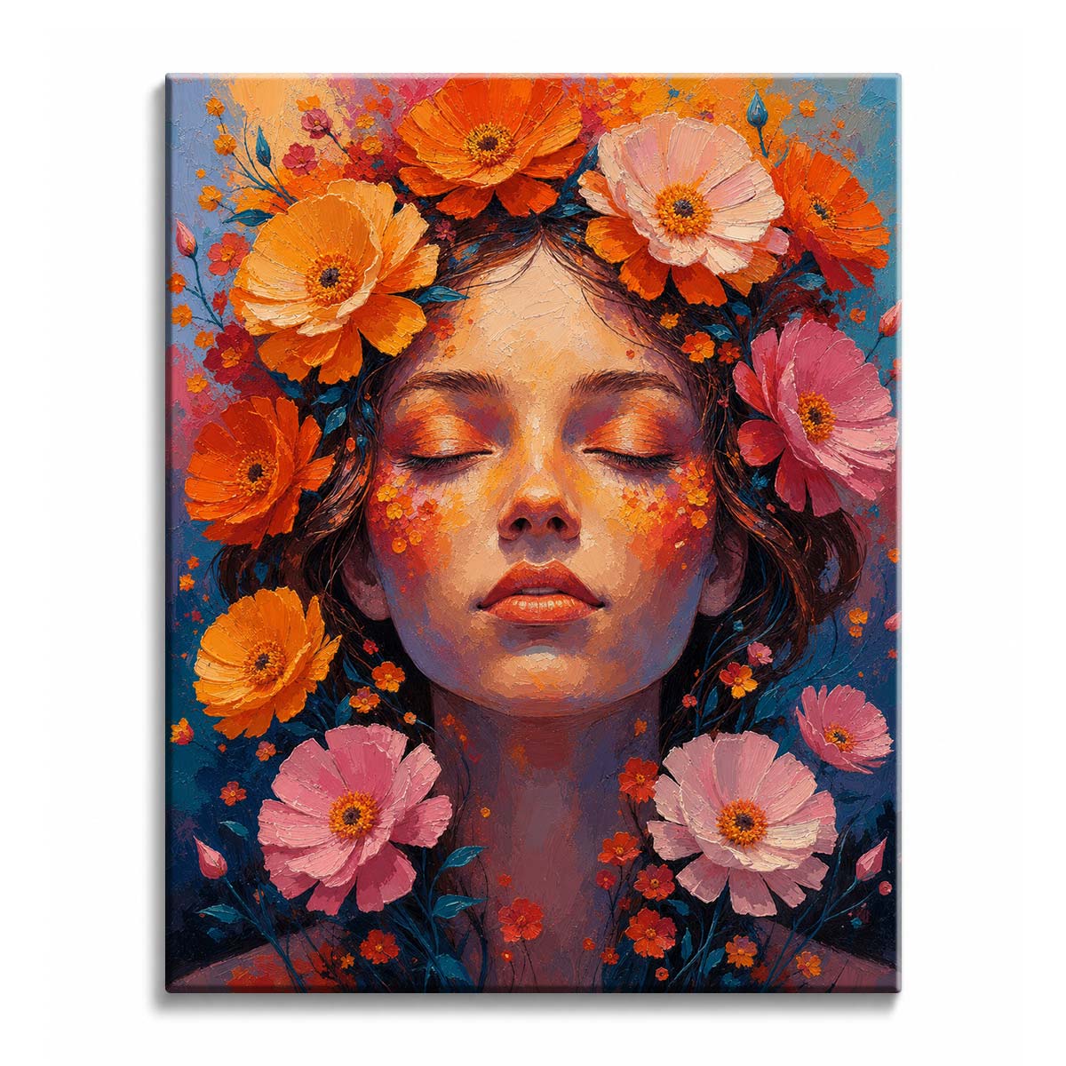 A woman with closed eyes wearing a crown of orange, coral and pink poppies against a deep blue background, in a paint by numbers design.