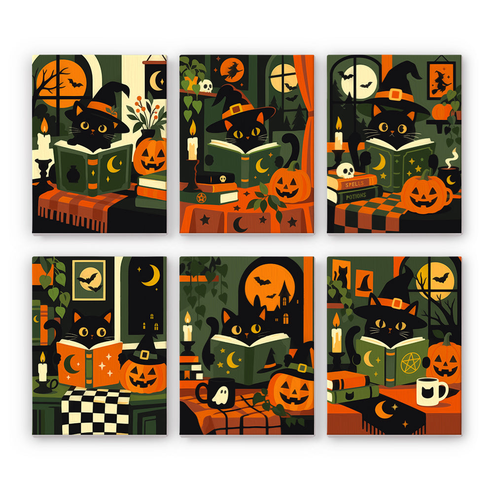 A black cat in a witch hat reads spellbooks through six candlelit rooms with jack-o'-lanterns and full moons, in a black cat paint by numbers mini set.