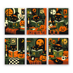 A black cat in a witch hat reads spellbooks through six candlelit rooms with jack-o'-lanterns and full moons, in a black cat paint by numbers mini set.
