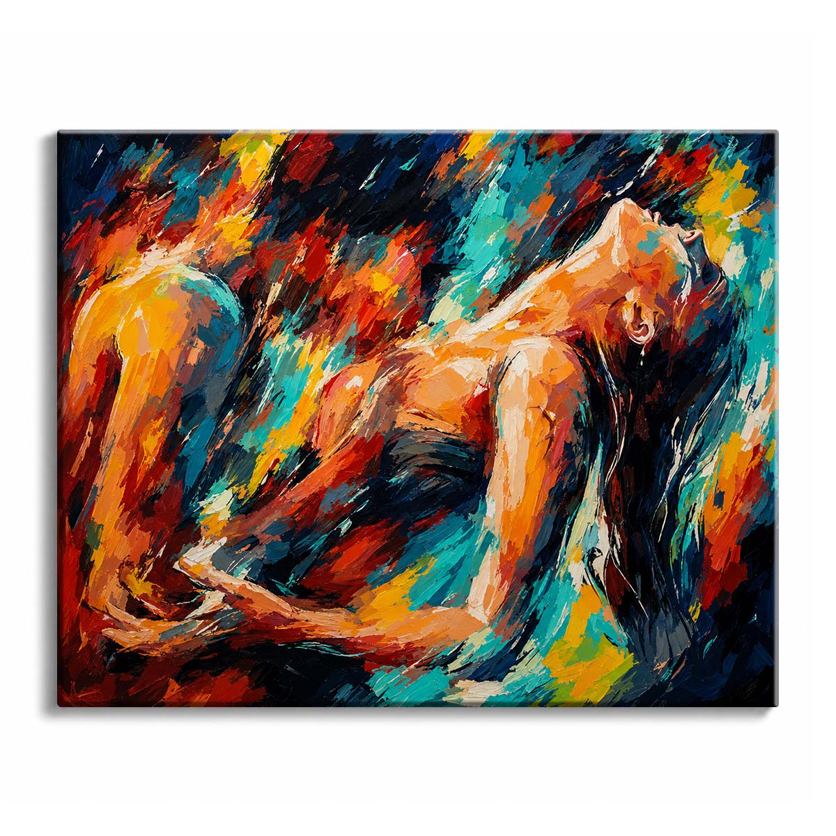 A reclining woman in a black dress arches backward through sweeping orange, teal, red, yellow, and navy painted brushstrokes.
