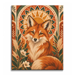 Beneath a golden sun ornament, a red fox faces forward with pointed ears and a curled tail, surrounded by green leaves and cream flowers in a paint by numbers design.