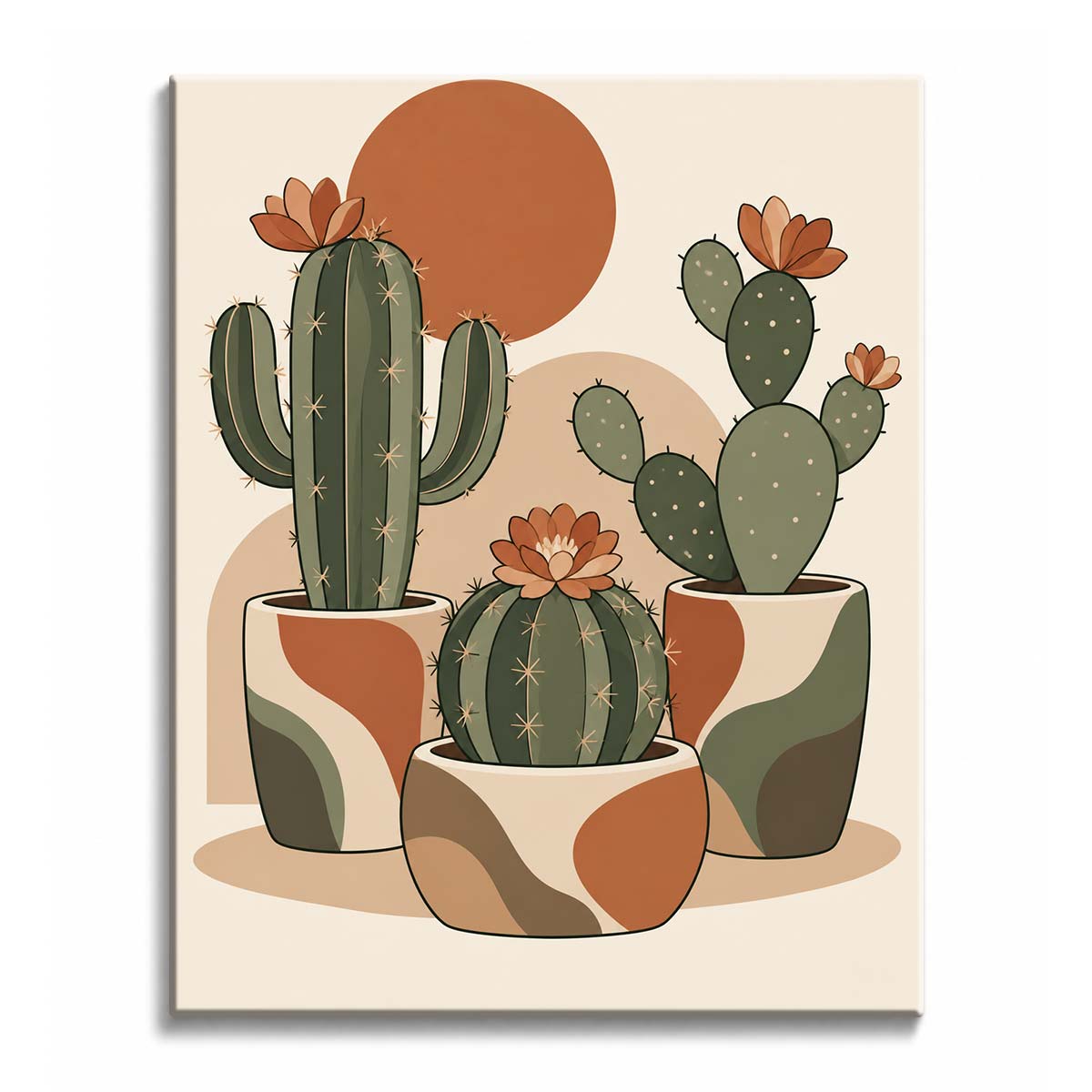 Earthy olive cacti rise from patterned pots in a retro cactus paint by numbers design with small flowers and terracotta sun shapes.