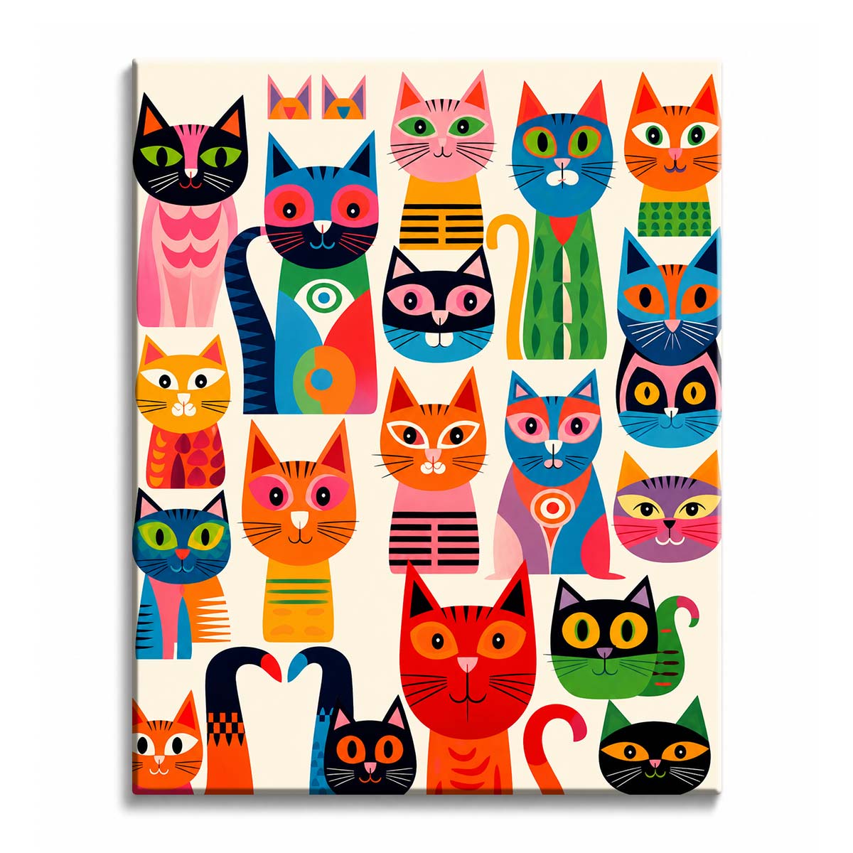 A retro cats paint by numbers design showing a crowd of patterned cats in red, orange, blue, and green.