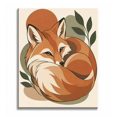 A rust-red tail curls around a resting fox in a retro fox paint by numbers design with cream fur, olive leaves, and earthy circles.