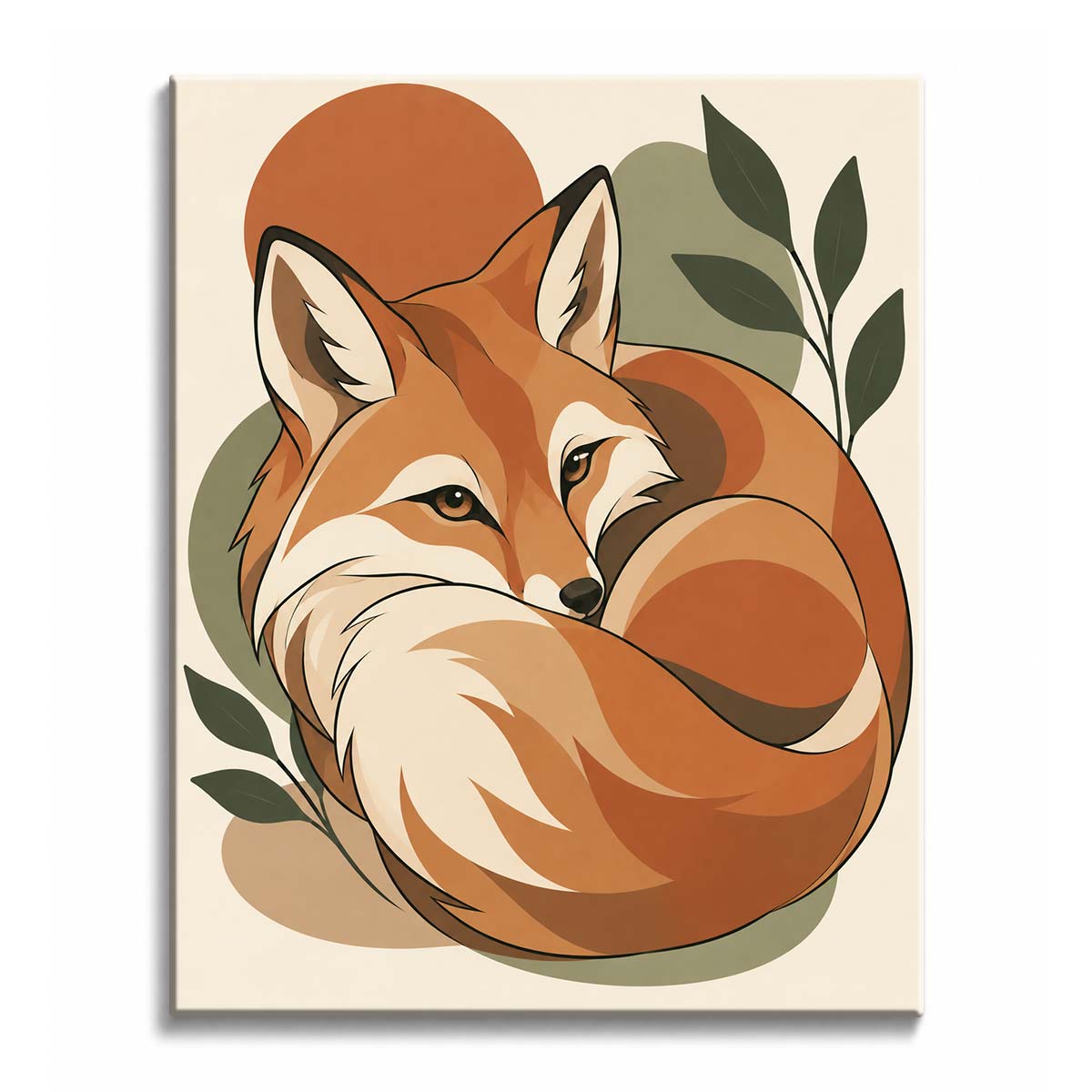 A rust-red tail curls around a resting fox in a retro fox paint by numbers design with cream fur, olive leaves, and earthy circles.