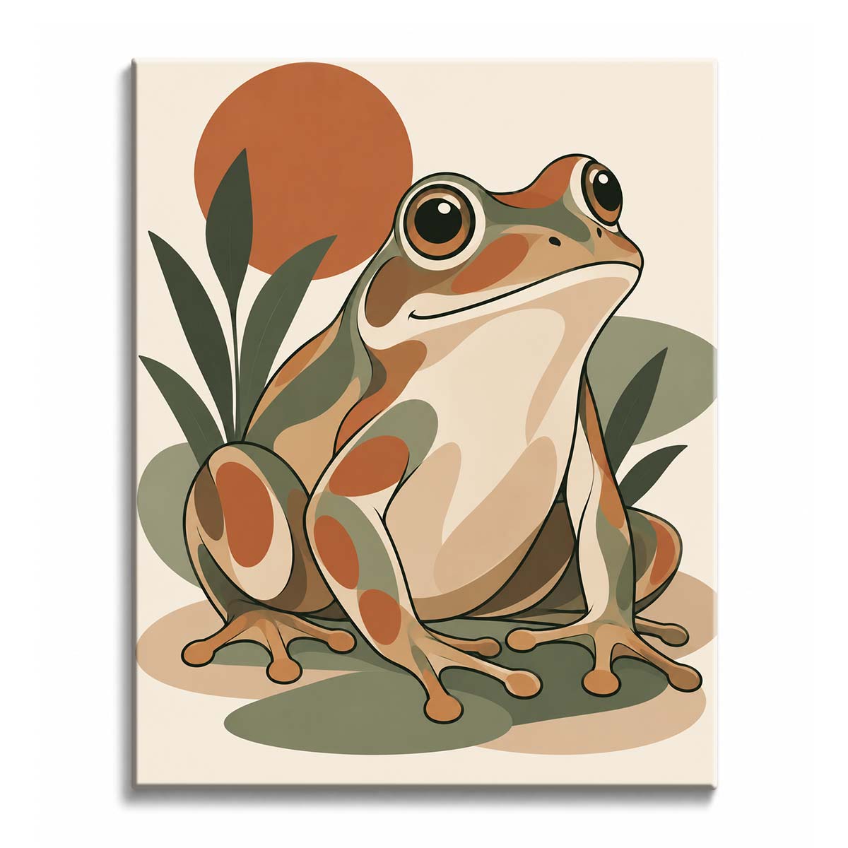 Among tall olive leaves, a retro frog paint by numbers design features a wide-eyed frog in cream and terracotta with a terracotta circle backdrop.