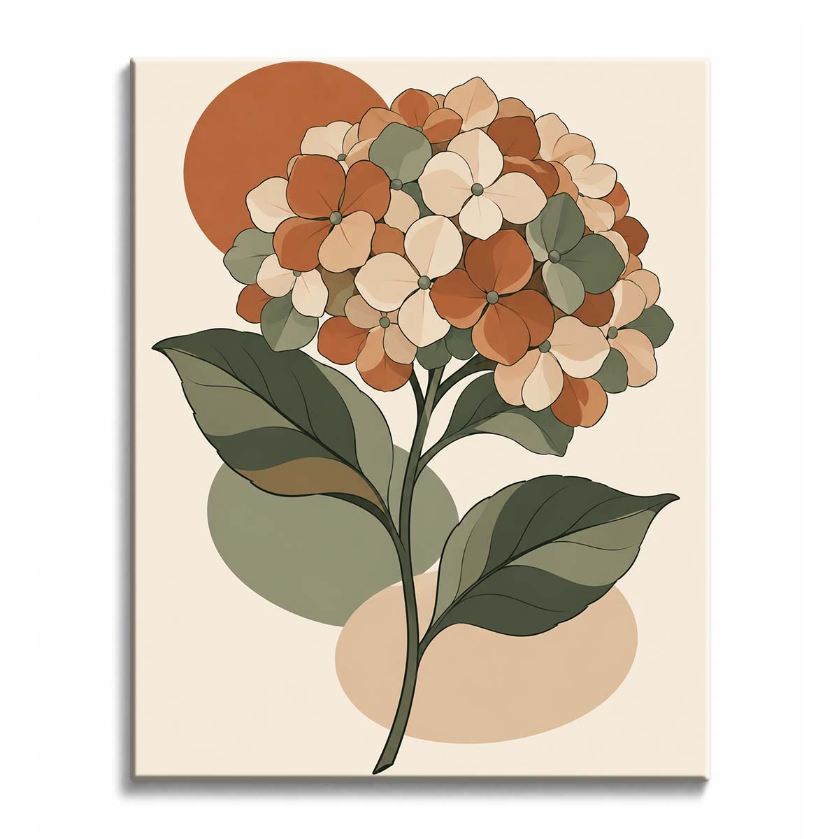 On a cream field, a retro hydrangea paint by numbers design pairs terracotta and ivory flowers with olive leaves and a warm circular backdrop.