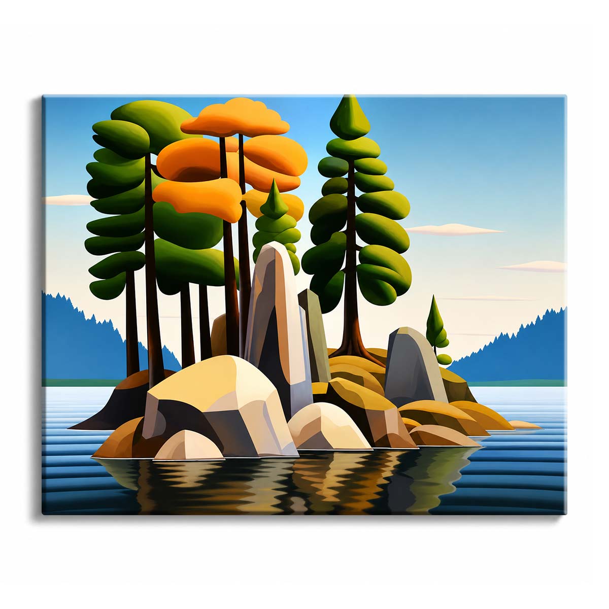 On a small island in still blue water, stacked green and orange trees rise above pale angular boulders, their shapes mirrored below.