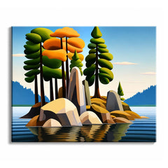 On a small island in still blue water, stacked green and orange trees rise above pale angular boulders, their shapes mirrored below.