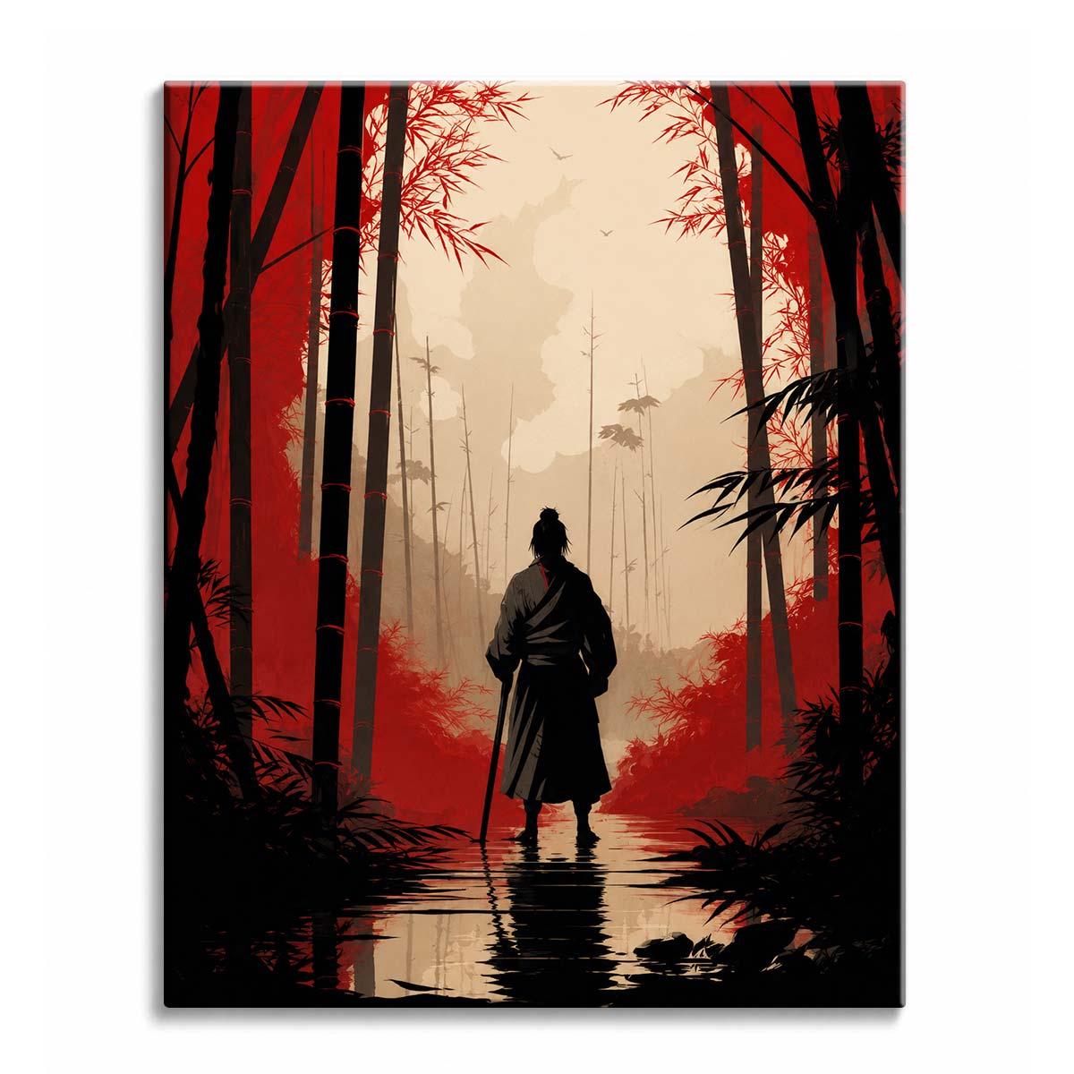 Mist rises behind a lone samurai standing in shallow water among red and black bamboo, in a paint by numbers design.