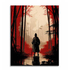 Mist rises behind a lone samurai standing in shallow water among red and black bamboo, in a paint by numbers design.