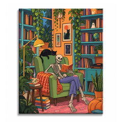 A skeleton paint by numbers design showing a reader in a green armchair surrounded by bookshelves, plants, pumpkins, and warm interior lighting.