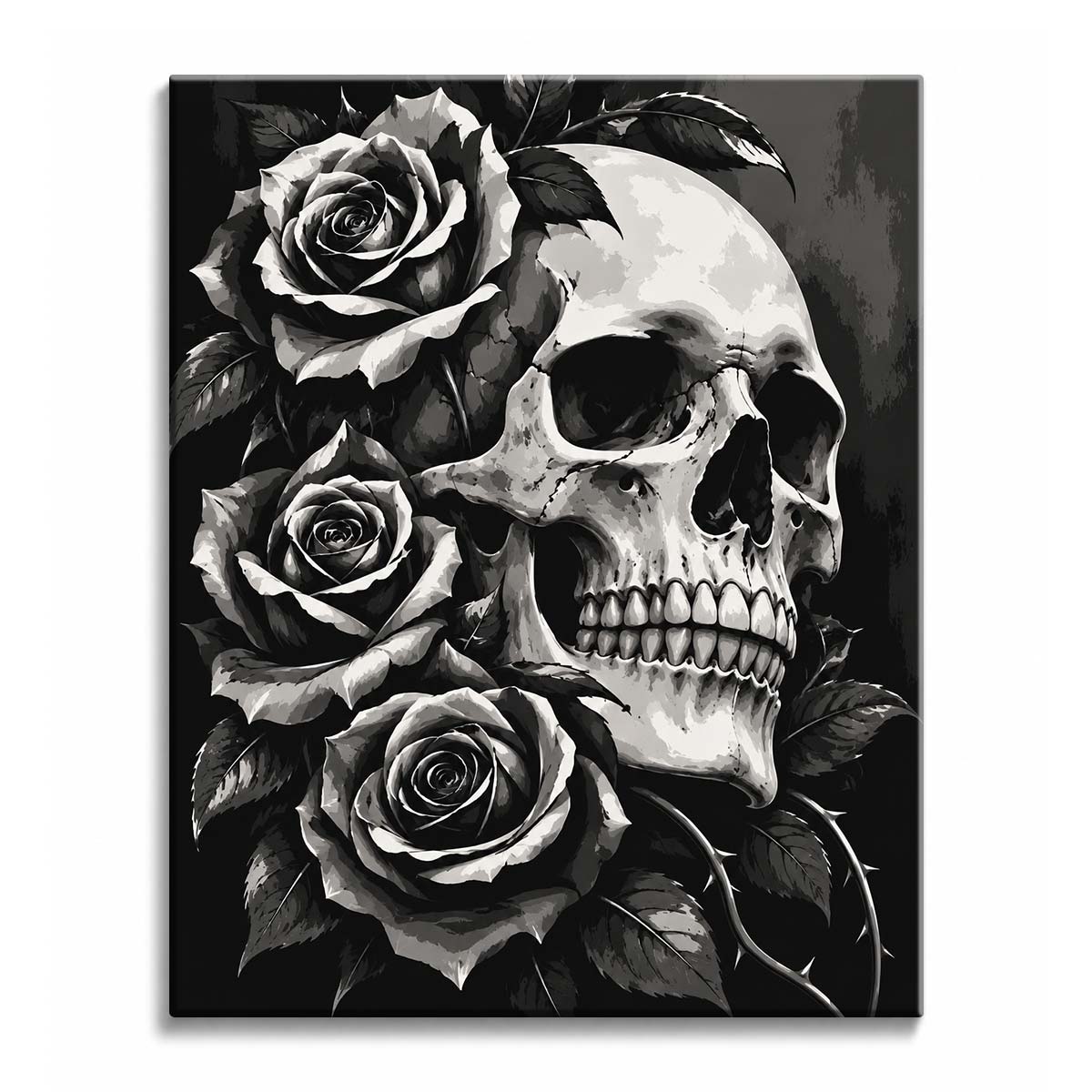 Pale light falls across a cracked skull and a stack of full roses with thorned stems, in a skull and roses paint by numbers design of bone white, charcoal and black.