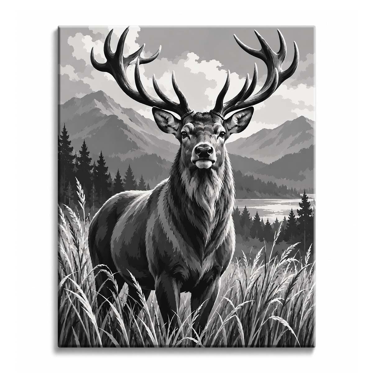 In tall grass before a mountain lake and pine forest, a stag with wide antlers stands facing forward, in a black and white paint by numbers design.