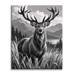 In tall grass before a mountain lake and pine forest, a stag with wide antlers stands facing forward, in a black and white paint by numbers design.